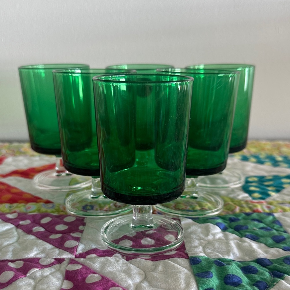 Vintage 1970s Luminarc Cavalier Green Footed Sherry Glasses, Set of 6, France
